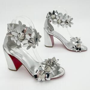 Christian Louboutin Daisy Spike Metallic Silver Ankle Cuff Sandals EU 36.5